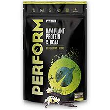 Large container of VIVO LIFE PERFORM Raw Plant Protein & BCAA vegan protein powder with green label and scoop on top.