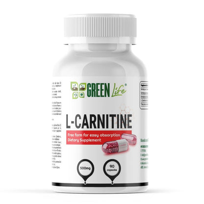 NOW Foods Green Life L-Carnitine 500 mg supplement capsules, 90-count bottle with 45 servings, green and white capsule packaging.