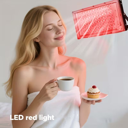 TEMU full-spectrum red light therapy panel with 660 nm LED for skin and facial care, shown emitting red light.