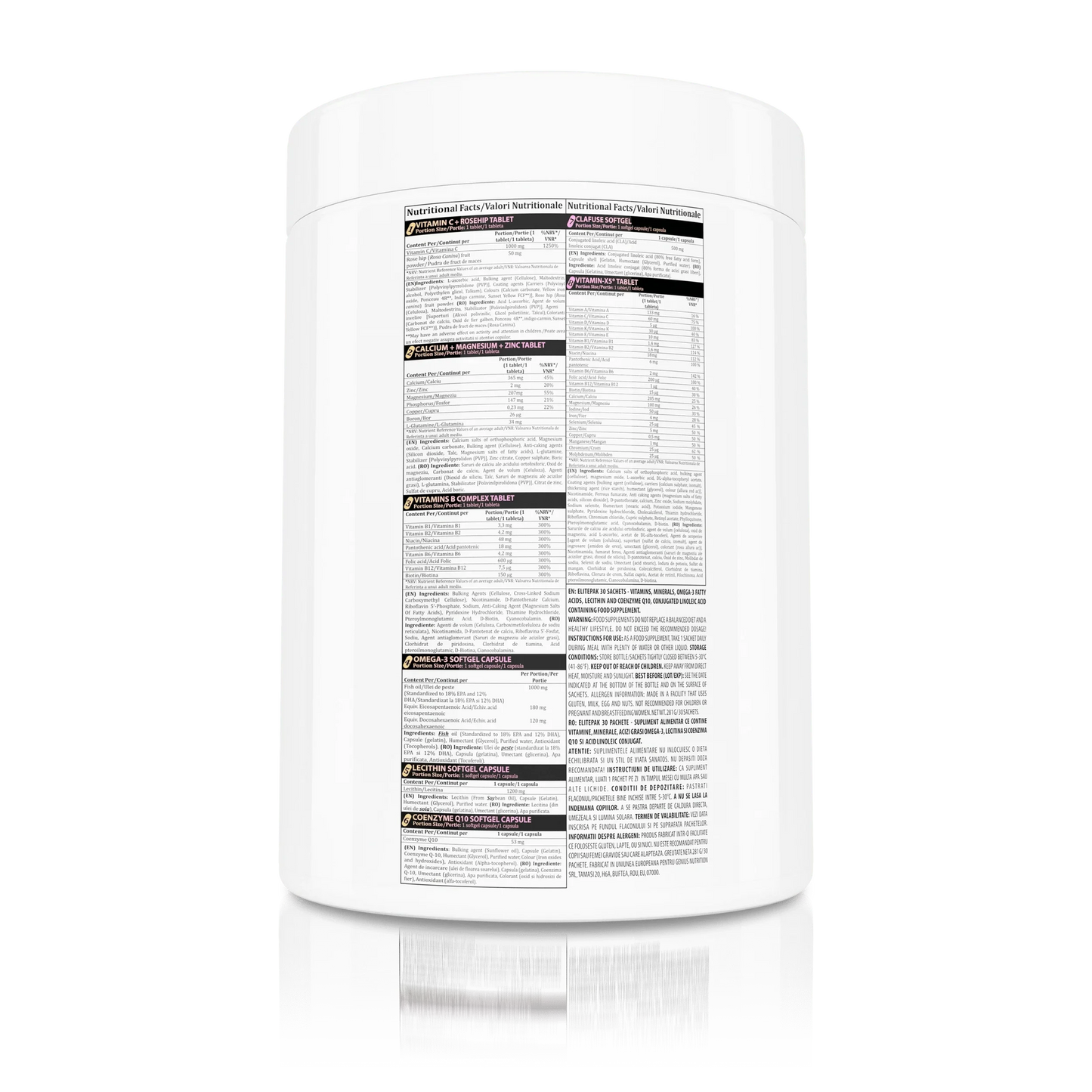Genius Nutrition ELITEPAK supplement box with 30 packs, showing colorful vitamin and food supplement capsules on the packaging.