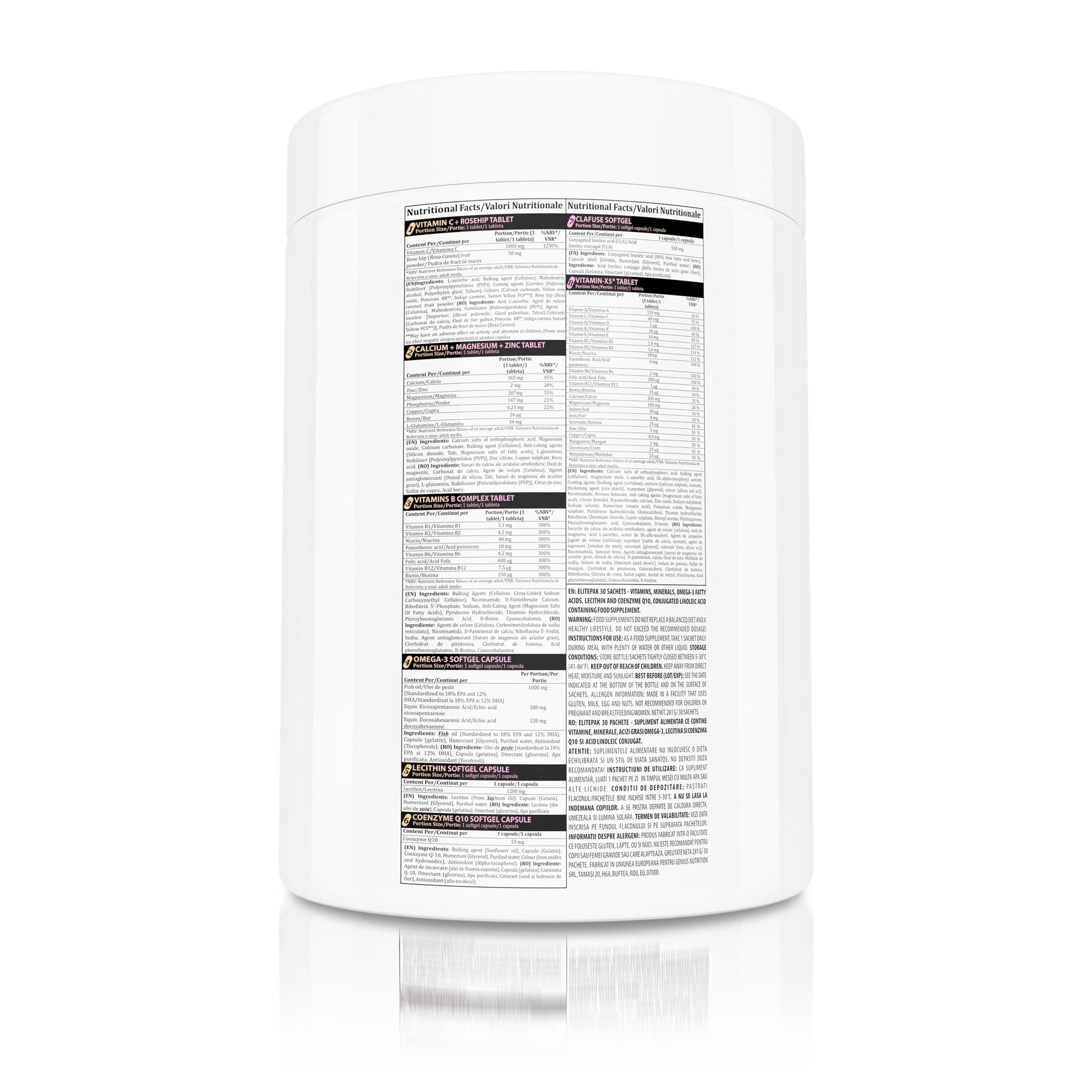 Genius Nutrition ELITEPAK supplement box with 30 packs, showing colorful vitamin and food supplement capsules on the packaging.