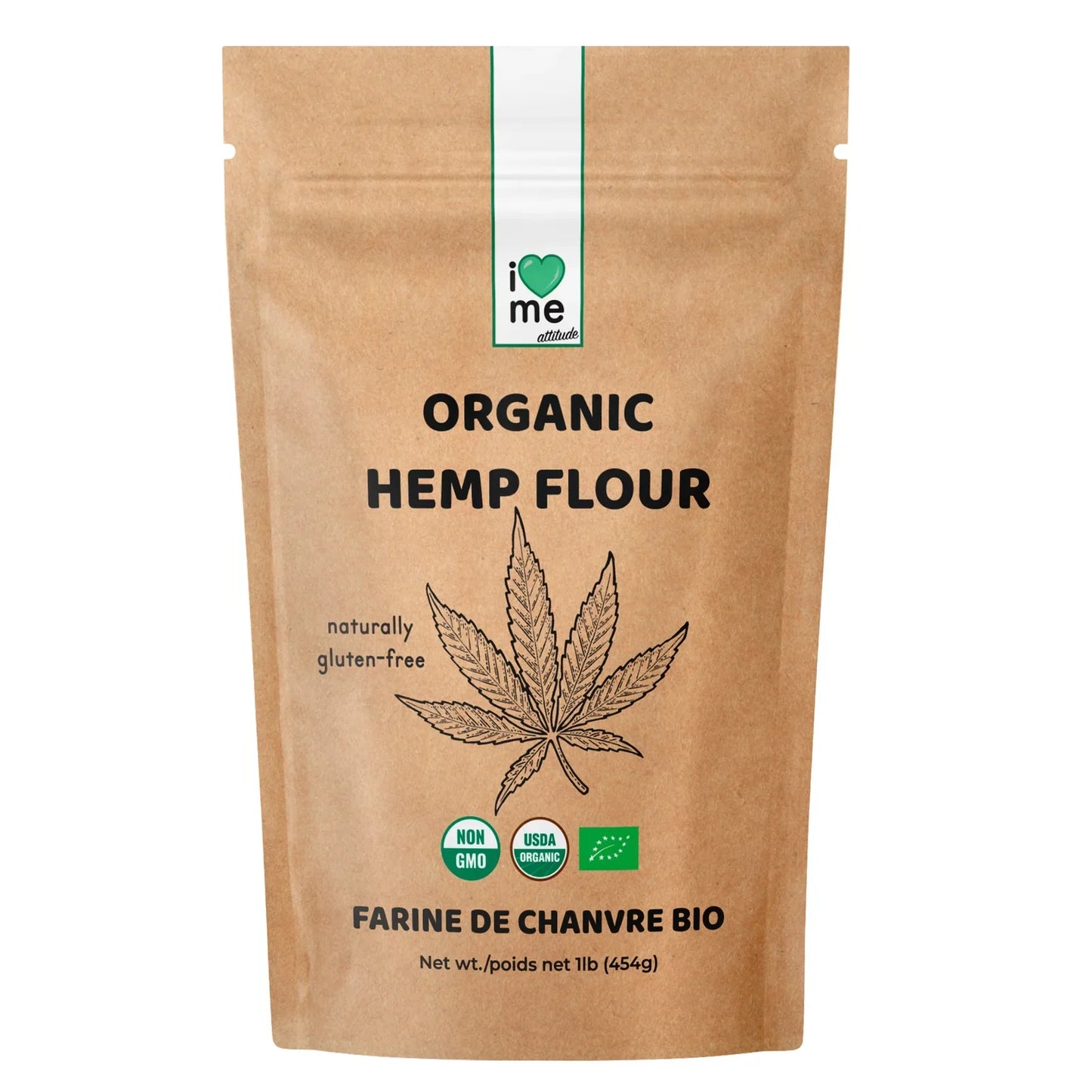 Organic hemp flour by ILOVE ME, 445g, showing a bag of gluten-free, organic hemp seed flour on a neutral background.