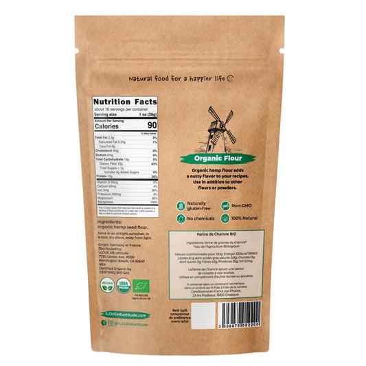 Organic hemp flour by ILOVEME in a 445g package, showing the natural, light-colored hemp seed flour in a clear bag.