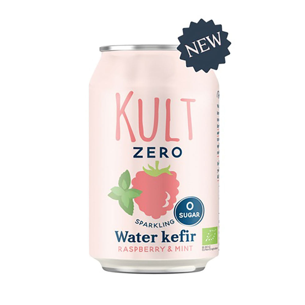 Herbalistas KULT Bio Water Kefir Raspberry & Mint in 330ml bottle with fresh raspberry and mint leaves on the label.