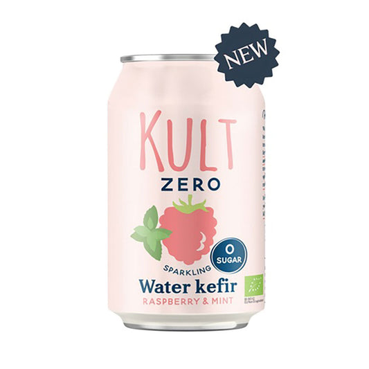 Herbalistas KULT Bio Water Kefir Raspberry & Mint in 330ml bottle with fresh raspberry and mint leaves on the label.