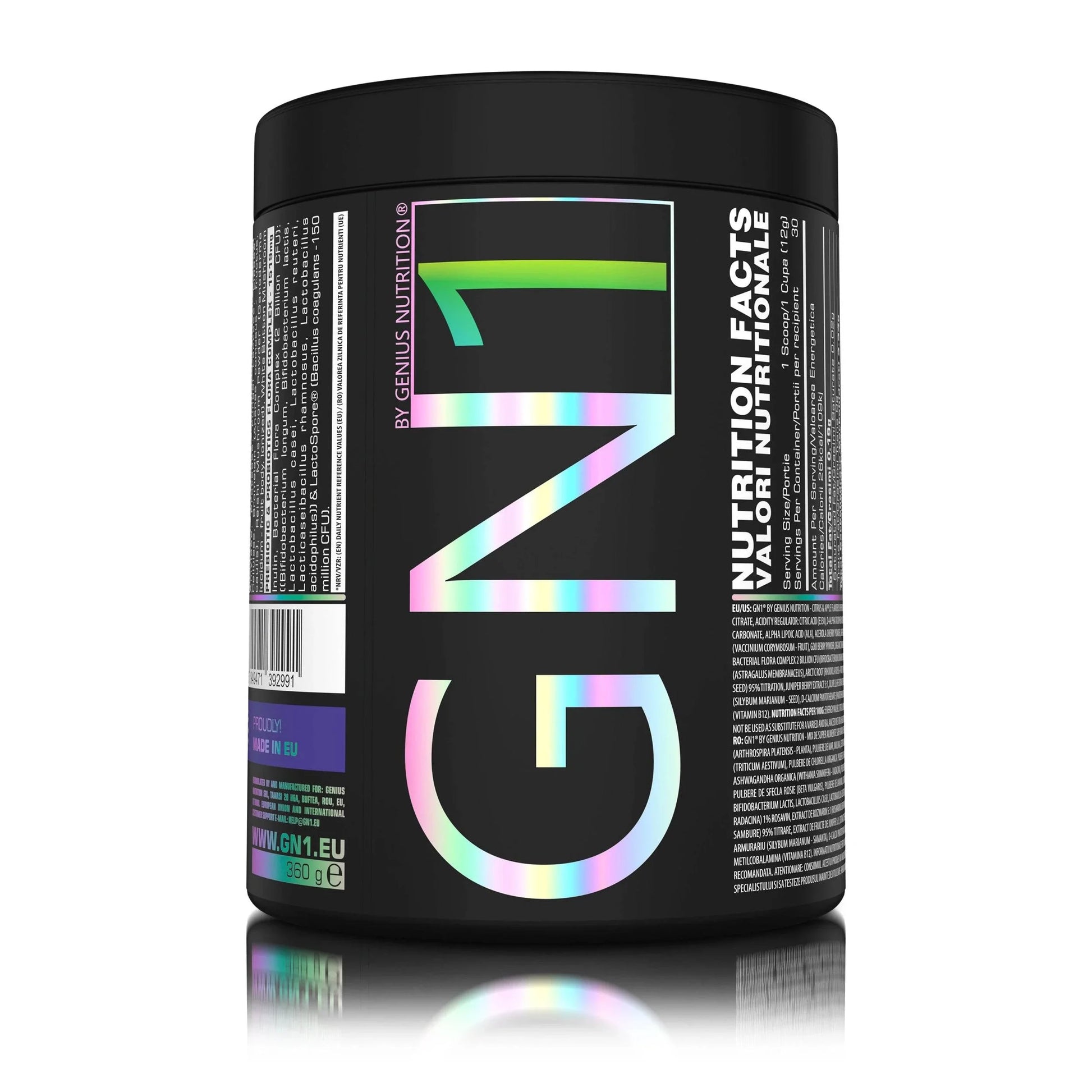 Genius Nutrition GN1 supplement in apple citrus flavor, 360g container, featuring green and white packaging on a white background.
