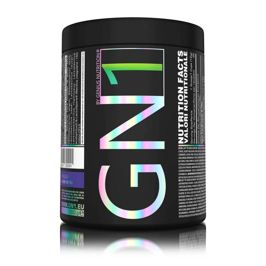 Genius Nutrition GN1 supplement in apple citrus flavor, 360g container, featuring green and white packaging on a white background.