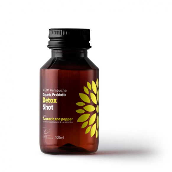 Herbalistas VIGO Kombucha Wellness BIO Shot in 100ml bottle, showcasing detox tea with vibrant colors and label details.