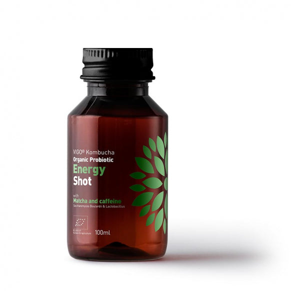 Vigo Kombucha ENERGY shot in a 100ml bottle, showcasing the Herbalistas brand's wellness tea.
