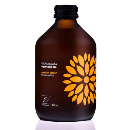 VIGO Kombucha in 330ml bottle featuring Acerola & Ginger flavors by Herbalistas, showcasing the vibrant drink and label.
