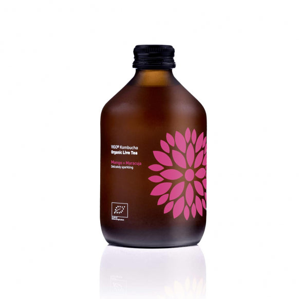 Herbalistas VIGO Kombucha Longbrew BIO Mango Passionfruit tea in 330ml bottle with vibrant label showing mango and passionfruit.