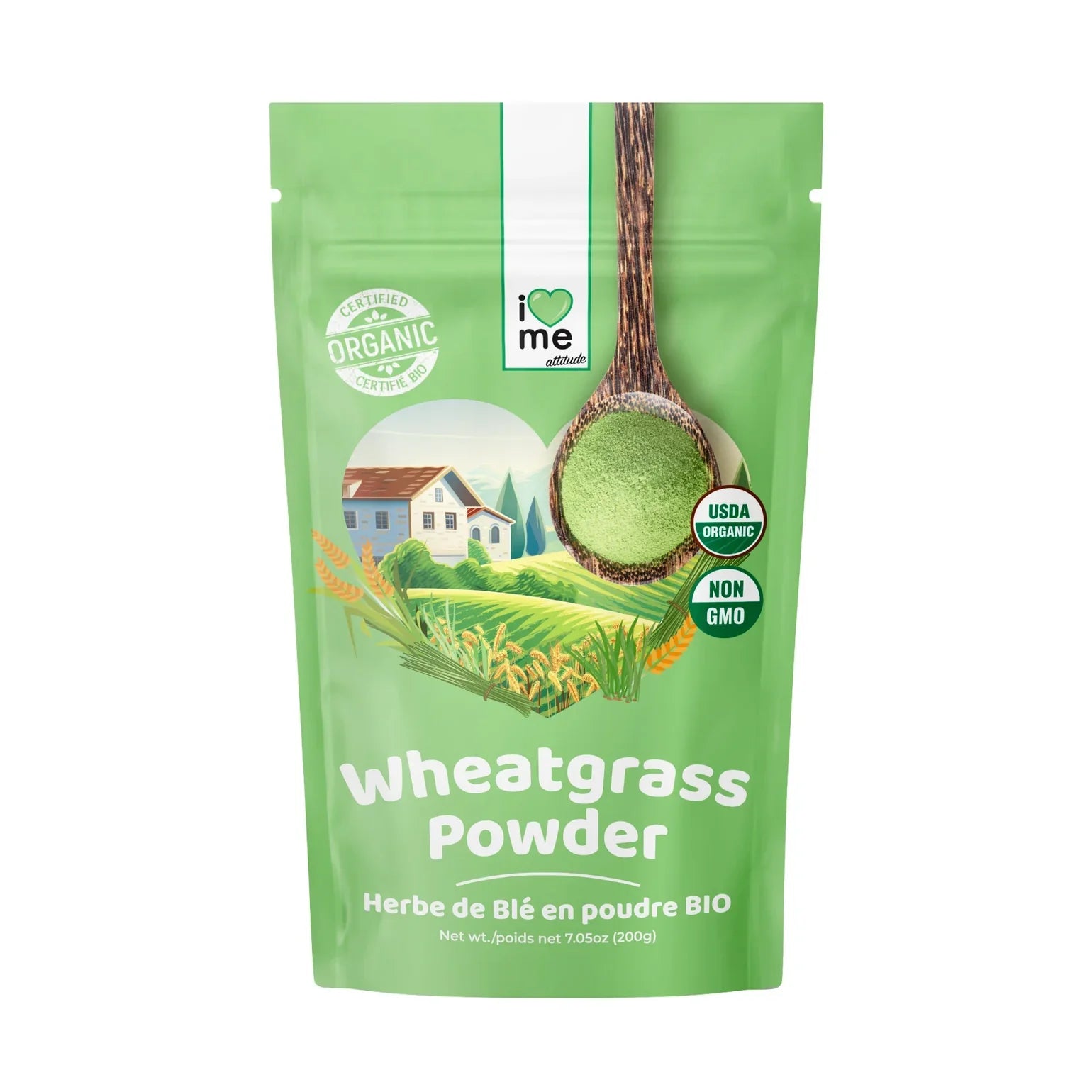 Organic wheatgrass powder by ILOVE ME in a 200g package, showing fresh green wheatgrass on the label.