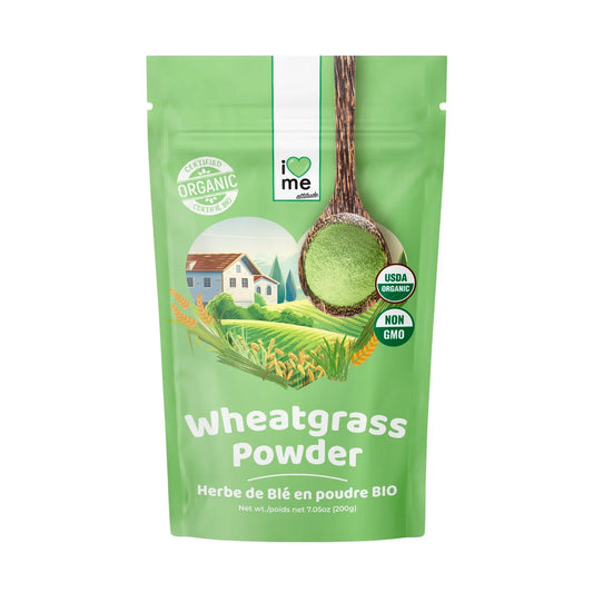 Organic wheatgrass powder by ILOVE ME in a 200g package, showing fresh green wheatgrass on the label.