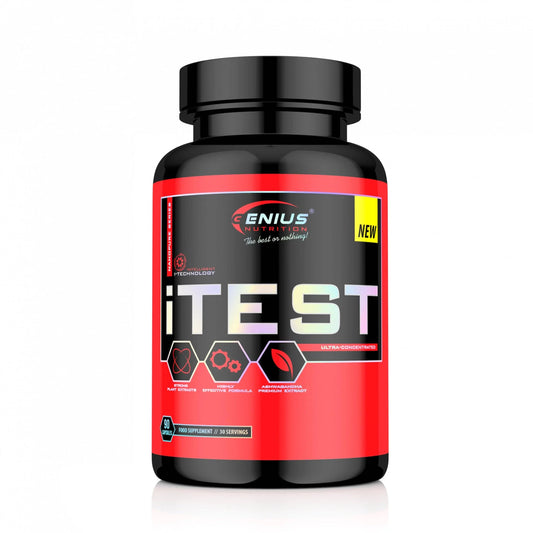 Bottle of Genius Nutrition iTest supplement with 90 capsules, shown in a clear container with label and capsule details.