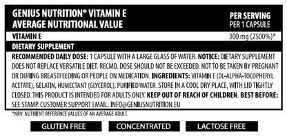 Genius Nutrition Vitamin E 60 liquid caps supplement bottle, softgel capsules for skin and antioxidant health.