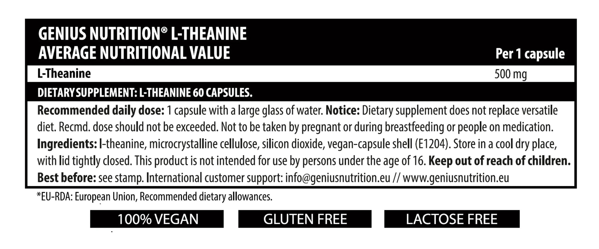 Genius Nutrition L-Theanine supplement bottle with 60 capsules, dietary supplement for relaxation and mental clarity.