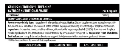 Genius Nutrition L-Theanine supplement bottle with 60 capsules, dietary supplement for relaxation and mental clarity.