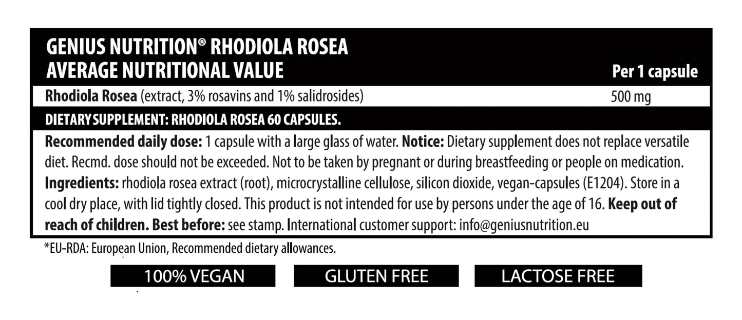 Genius Nutrition Rhodiola Rosea supplement bottles with 60 capsules, showcasing herbal supplement packaging and branding.