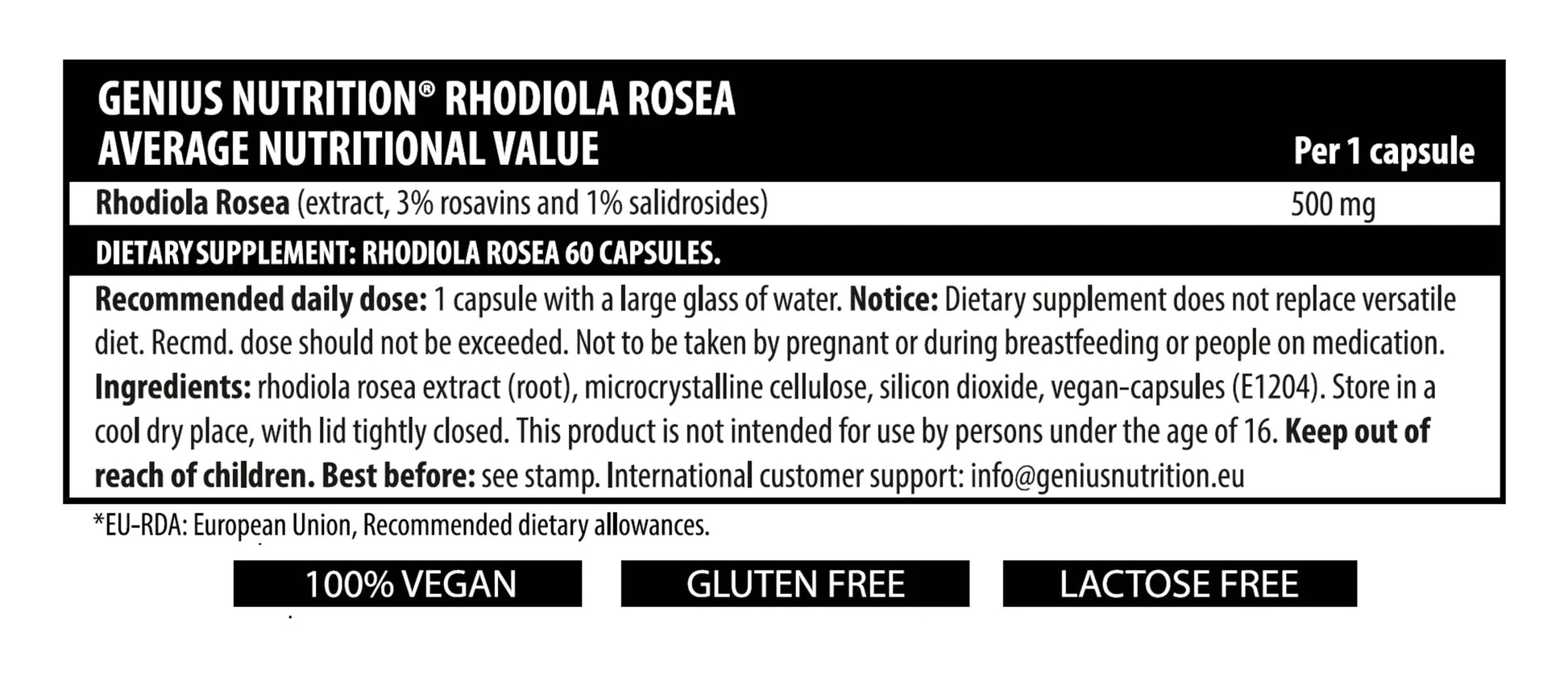 Genius Nutrition Rhodiola Rosea supplement bottles with 60 capsules, showcasing herbal supplement packaging and branding.