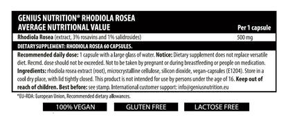 Genius Nutrition Rhodiola Rosea supplement bottles with 60 capsules, showcasing herbal supplement packaging and branding.