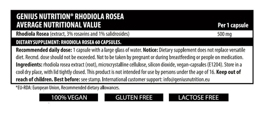 Genius Nutrition Rhodiola Rosea supplement bottles with 60 capsules, showcasing herbal supplement packaging and branding.