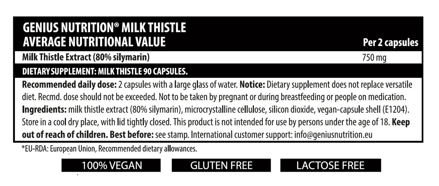 Genius Nutrition Milk Thistle supplement bottle with 90 capsules, natural herbal supplement for liver support.