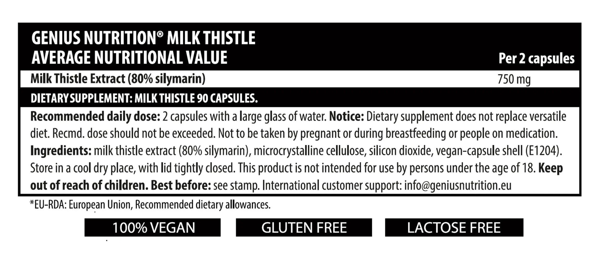 Genius Nutrition Milk Thistle supplement bottle with 90 capsules, natural herbal supplement for liver support.