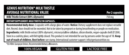 Genius Nutrition Milk Thistle supplement bottle with 90 capsules, natural herbal supplement for liver support.