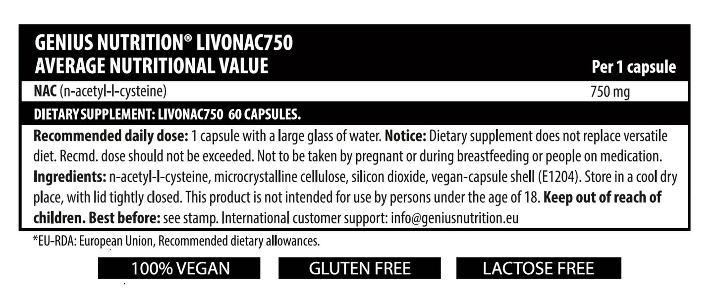 Genius Nutrition LIVONAC750 supplement bottle with 60 capsules, dietary health support, black and white label design
