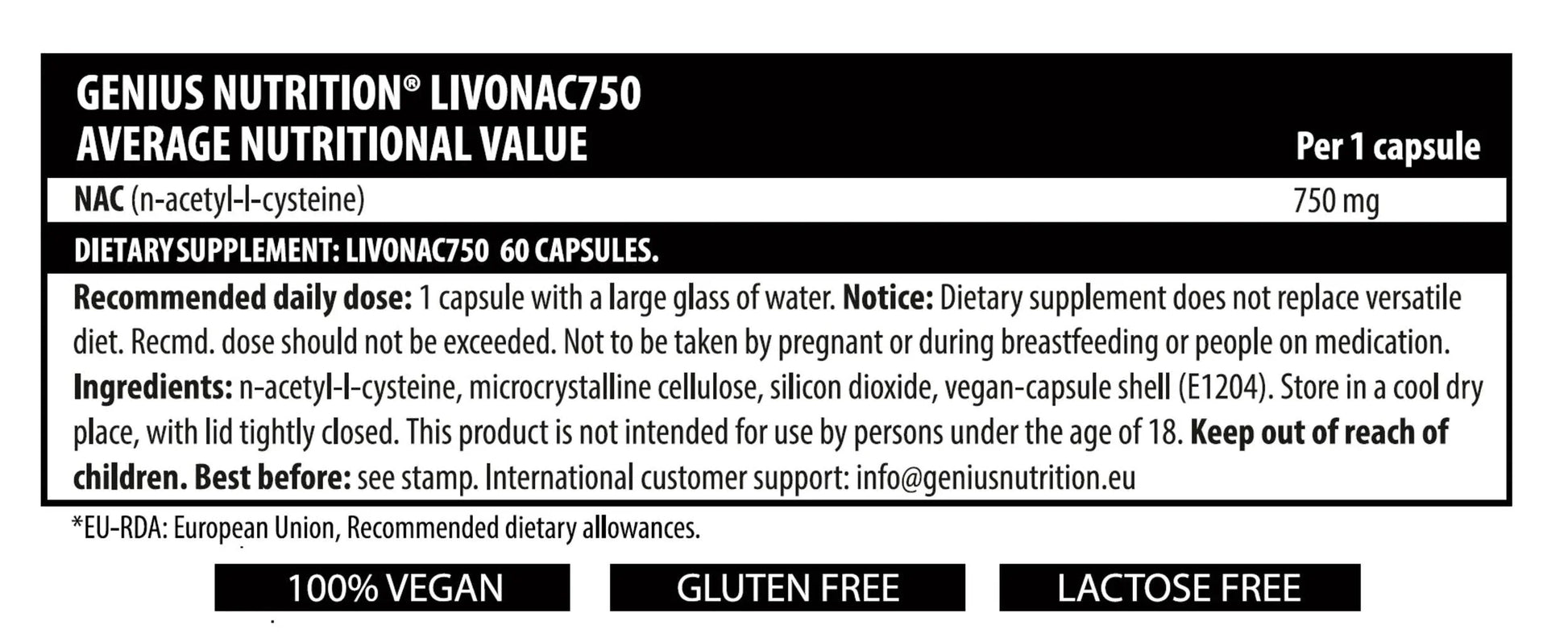 Genius Nutrition LIVONAC750 supplement bottle with 60 capsules, dietary health support, black and white label design