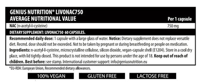 Genius Nutrition LIVONAC750 supplement bottle with 60 capsules, dietary health support, black and white label design