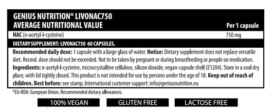 Genius Nutrition LIVONAC750 supplement bottle with 60 capsules, dietary health support, black and white label design