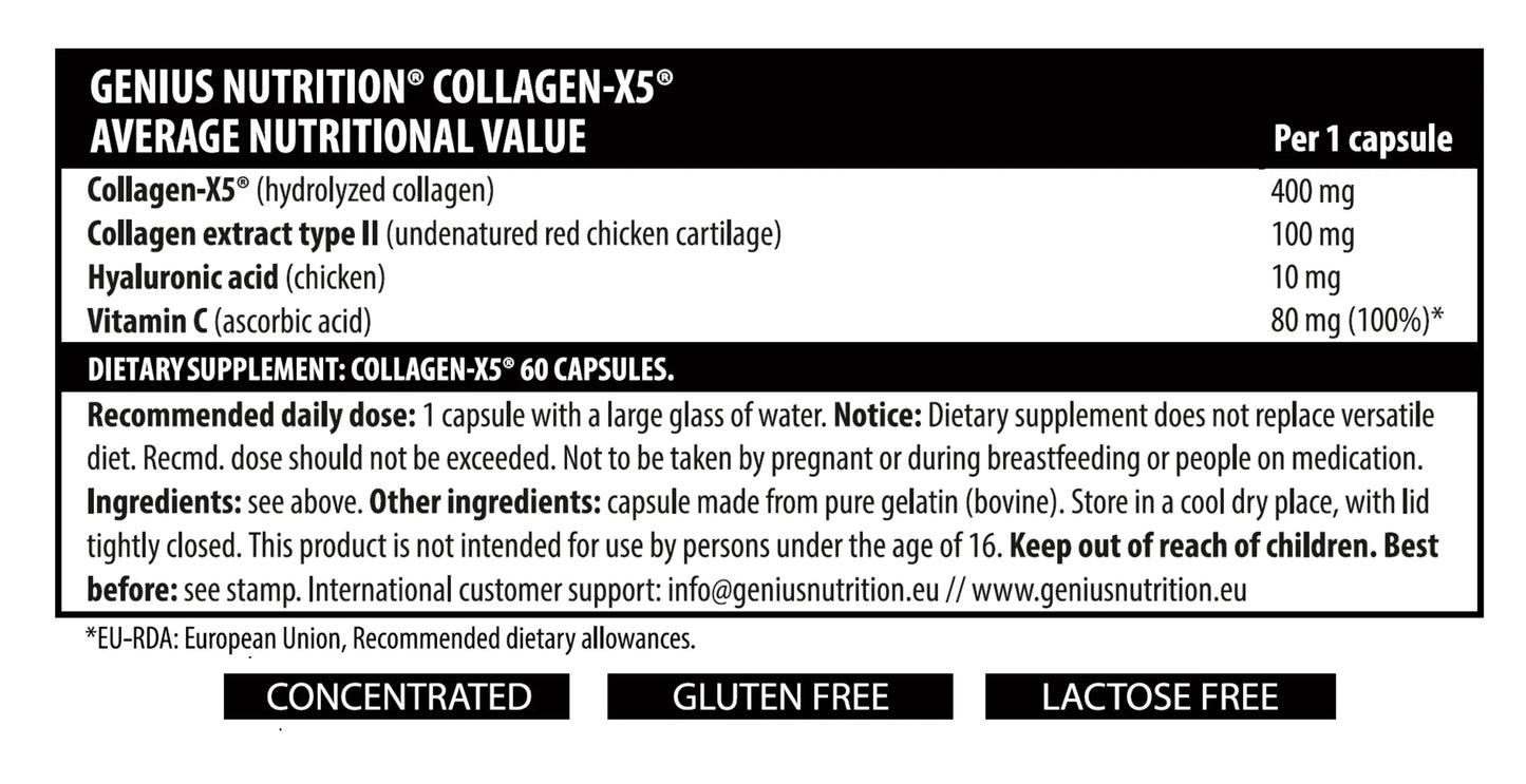 Genius Nutrition COLLAGEN-X5 supplement bottle with 60 capsules on a white background.