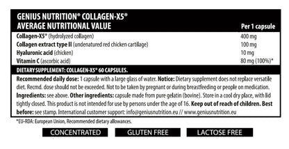 Genius Nutrition COLLAGEN-X5 supplement bottle with 60 capsules on a white background.