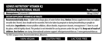 Genius Nutrition Vitamin K2 supplement bottle with 60 tablets, showing the label and product details on a white background.