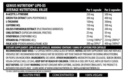 Genius Nutrition LIPO-X5 supplement bottle with 60 capsules, dietary supplement for metabolism support and energy enhancement