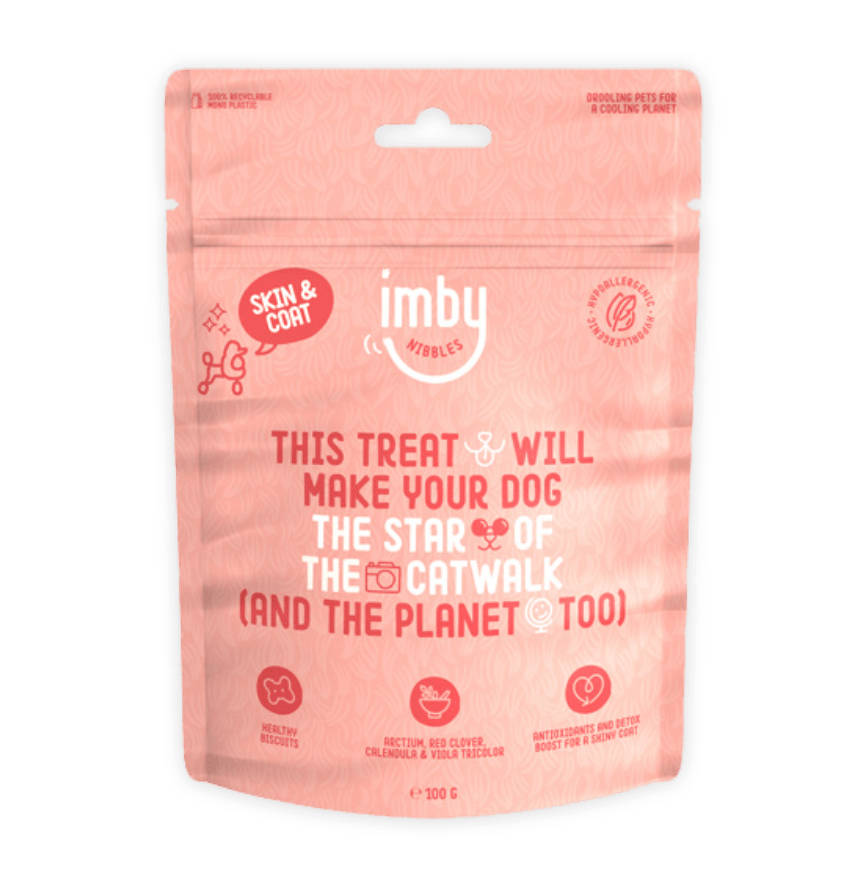 IMBY Skin & Coat supplement for dogs, 100g package, featuring a clean and vibrant design with product details visible.