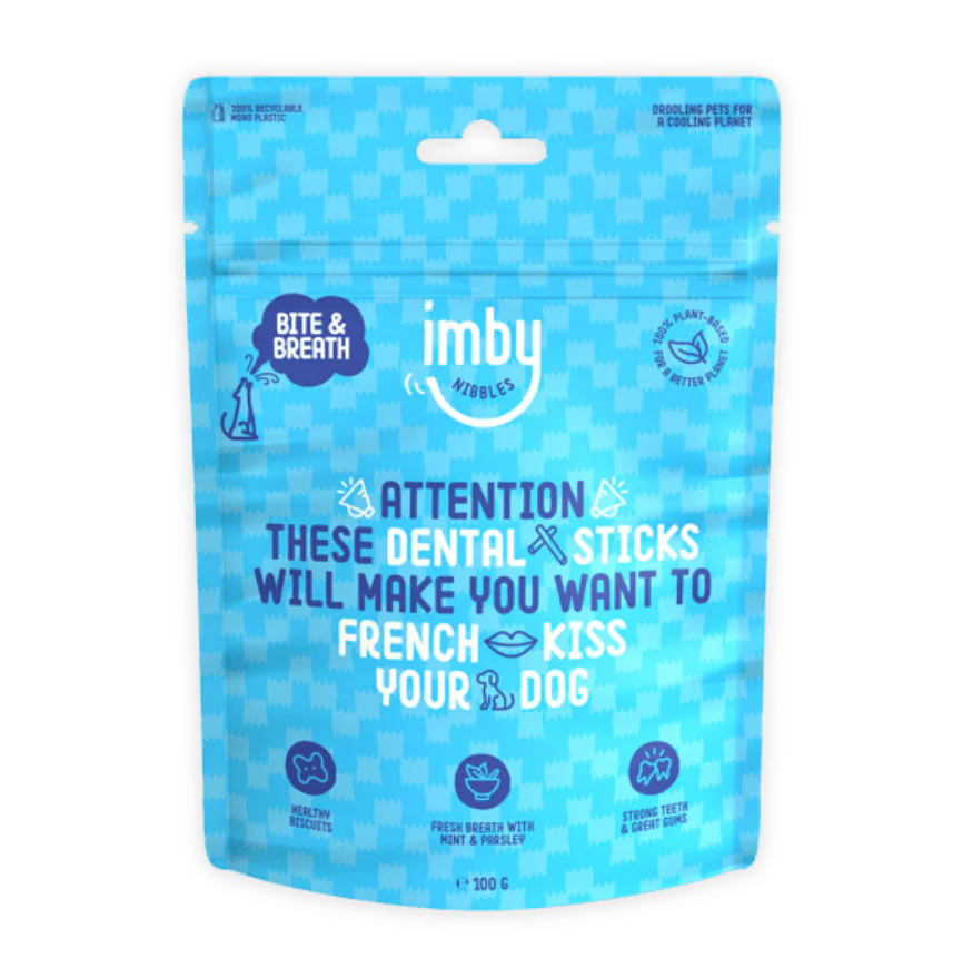 IMBY dental sticks for dogs, 100g pack, showing natural dog chew treats designed for dental health and freshness.