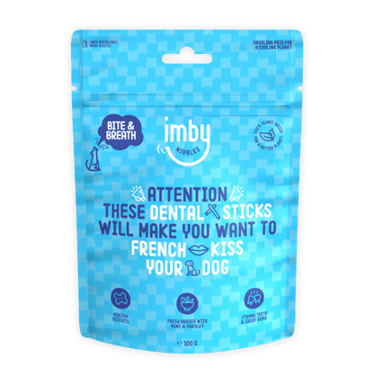 IMBY dental sticks for dogs, 100g pack, showing natural dog chew treats designed for dental health and freshness.
