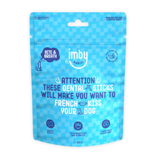 IMBY dental sticks for dogs, 100g pack, showing natural dog chew treats designed for dental health and freshness.