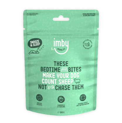 IMBY Snooze & Sleep dog product in a 100g package, featuring calming ingredients for restful sleep.