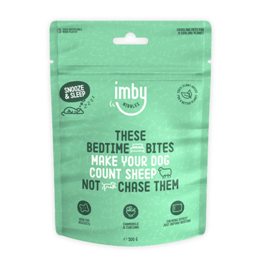 IMBY Snooze & Sleep dog product in a 100g package, featuring calming ingredients for restful sleep.