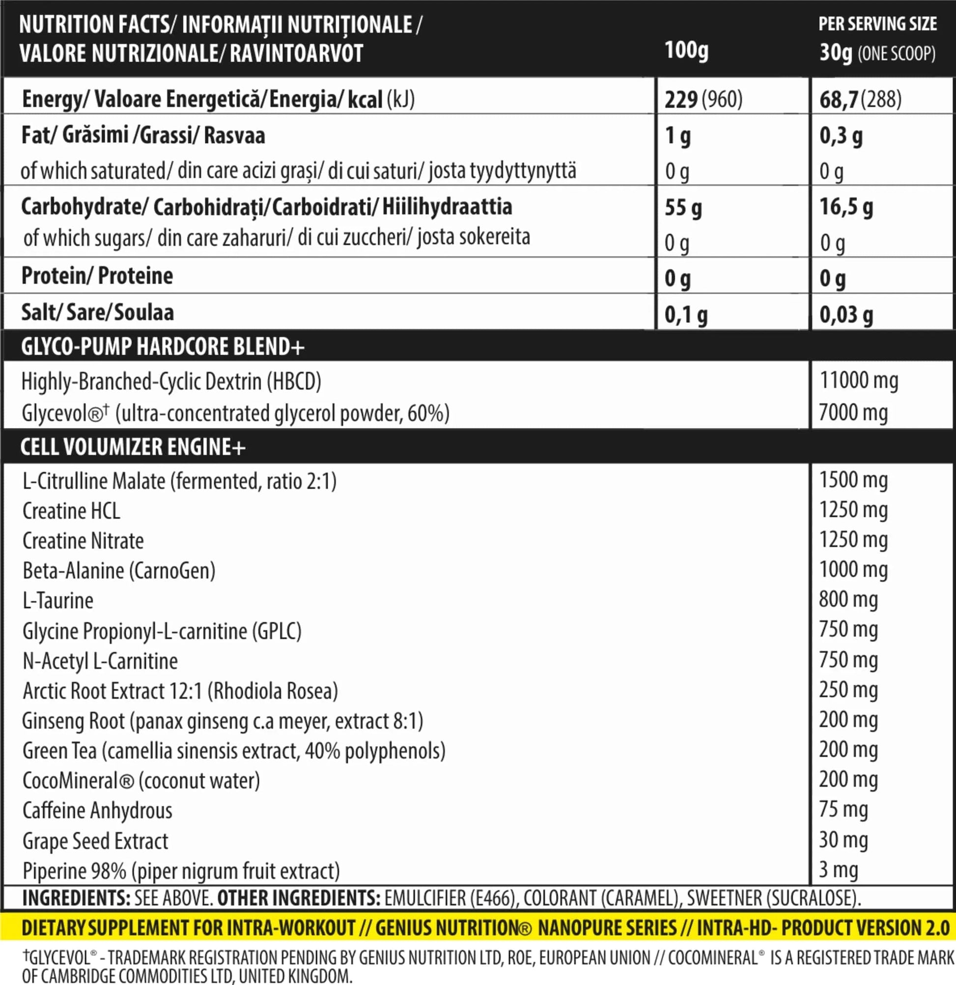 Genius Nutrition INTRA-HD supplement container, 750g, 24 servings, fitness nutrition for muscle recovery and performance.
