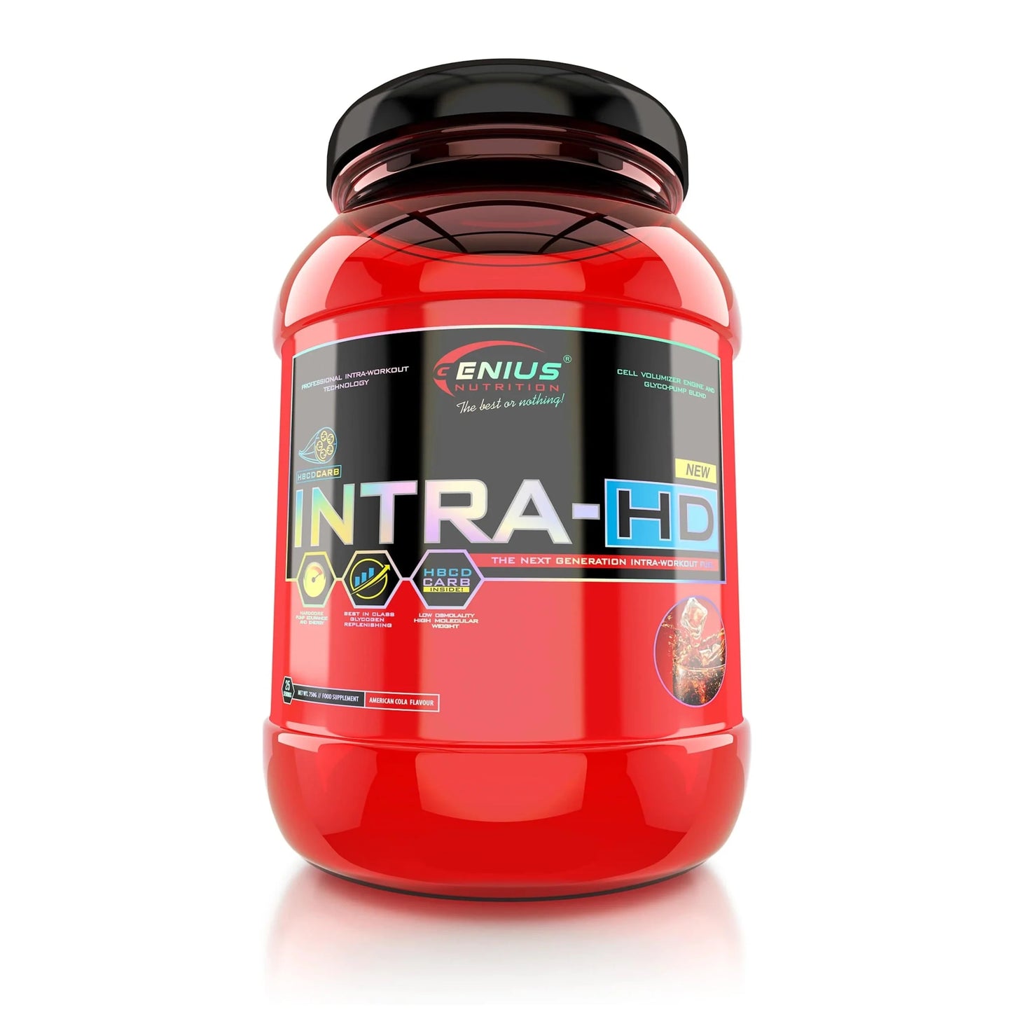 Genius Nutrition INTRA-HD 750g supplement container, showing the label and product packaging for sports nutrition.