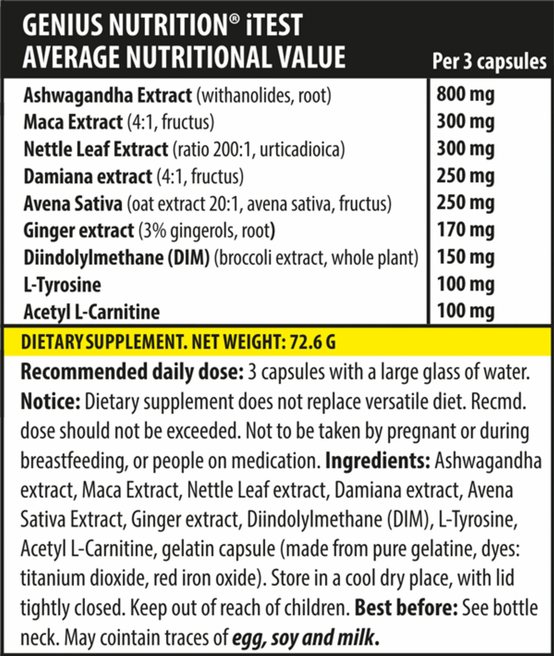 Genius Nutrition iTest 90-cap supplement bottle with label showing capsules and product branding.