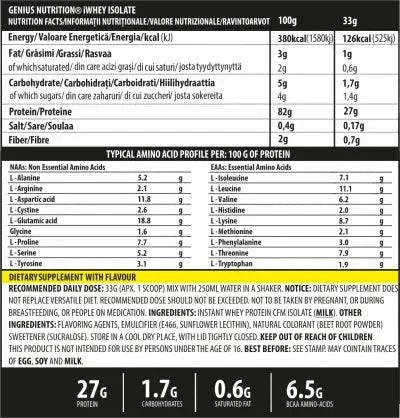 Genius Nutrition IWHEY® Isolate protein powder 900g container with scoop, white and blue label, close-up view of packaging.