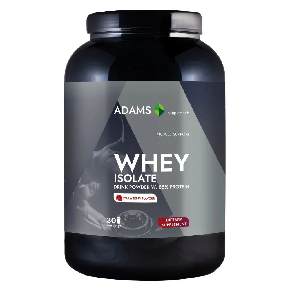 Adams Supplements whey isolate protein powder 908g jar with vanilla flavor, creamy texture, and label showing nutritional info.
