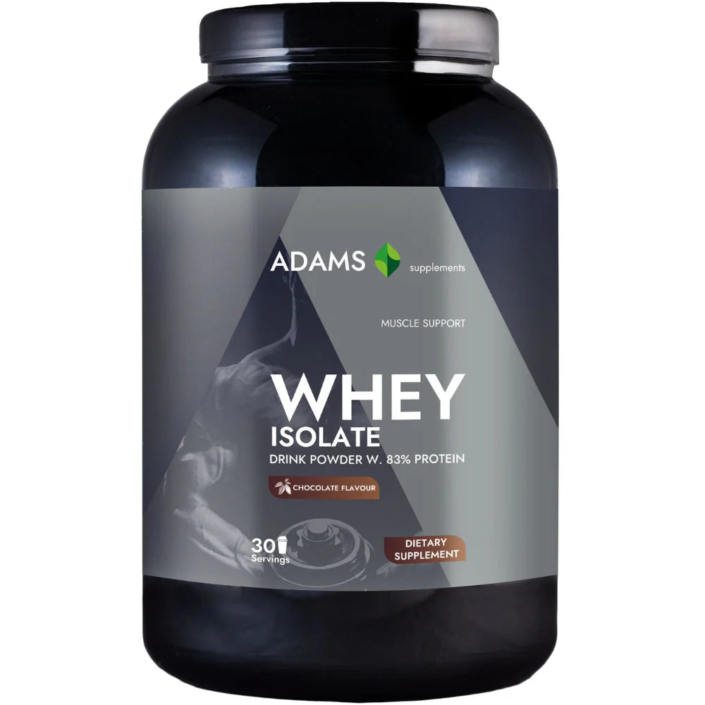 Adams Supplements whey isolate protein powder in chocolate flavor, 908g jar, showing the label and product packaging.