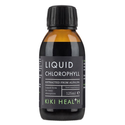 Kiki Health Liquid Chlorophyll supplement in 125ml bottle, showing the herbal supplement container and label.