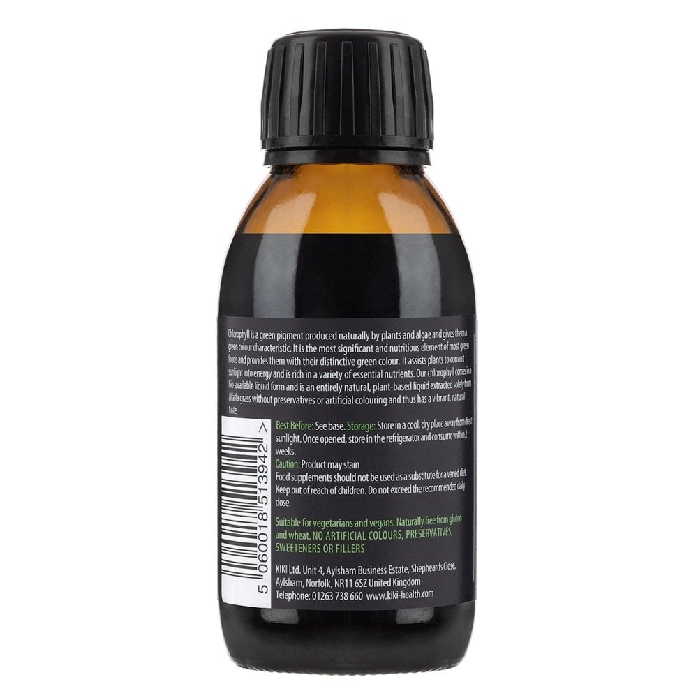 Kiki Health Liquid Chlorophyll supplement in a 125ml bottle, used for health and detox, by Herbalistas.